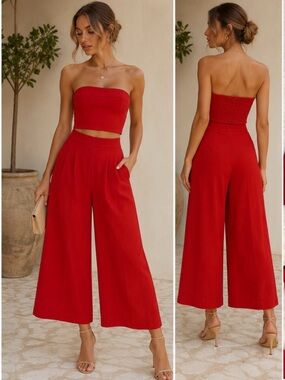 EUC. HELLOMOLLY Strapless Red Crop Top & Wide-Leg Pants Set.